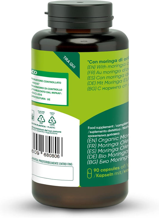 Moringa Bio | La Seule Moringa Biologique Produite En Italie | Véganes Sans Additifs | Super Antioxydant Riche En Vitamines Et Protéines Végétales | Haute Qualité | 90 Gélules